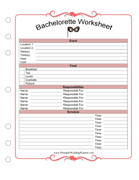 Wedding Planner Bachelorette Party Worksheet