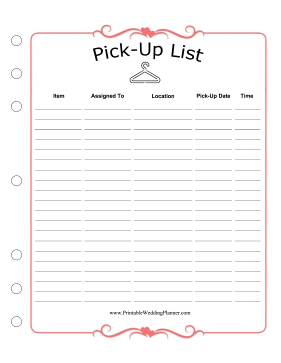 Wedding Planner Pick Up List